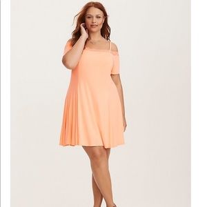 Lace Trim Cold Shoulder Fluted Dress